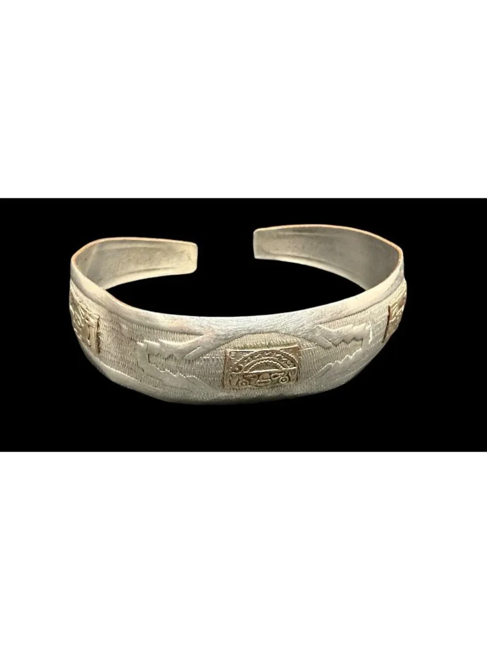 Vintage Sterling Silver Cuff 18k Gold Aztec Accents Ethnic